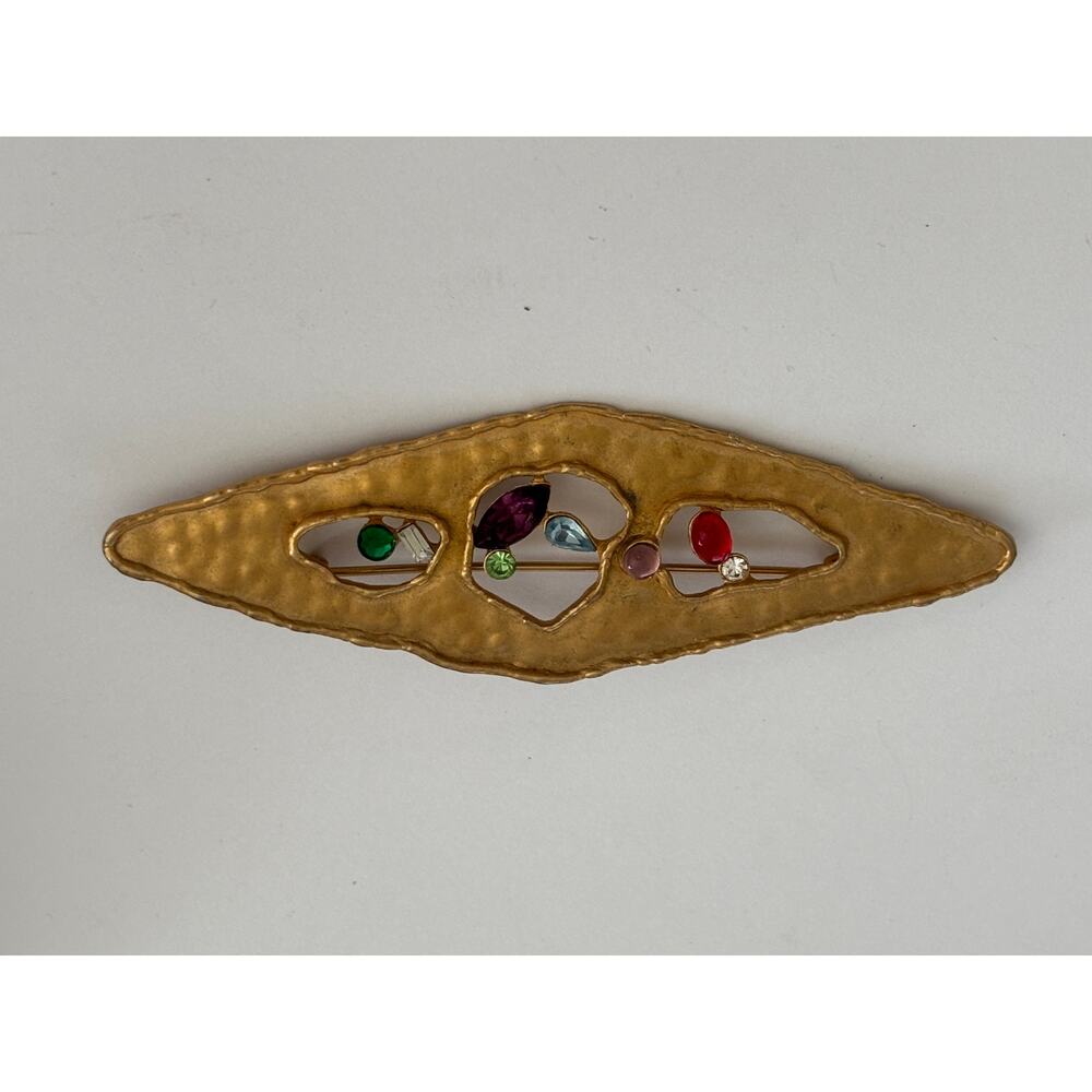 Vintage JJ Jonette Jewelry 1988 Abstrsct Hammerred Brooch Gold Tone Rhinestones